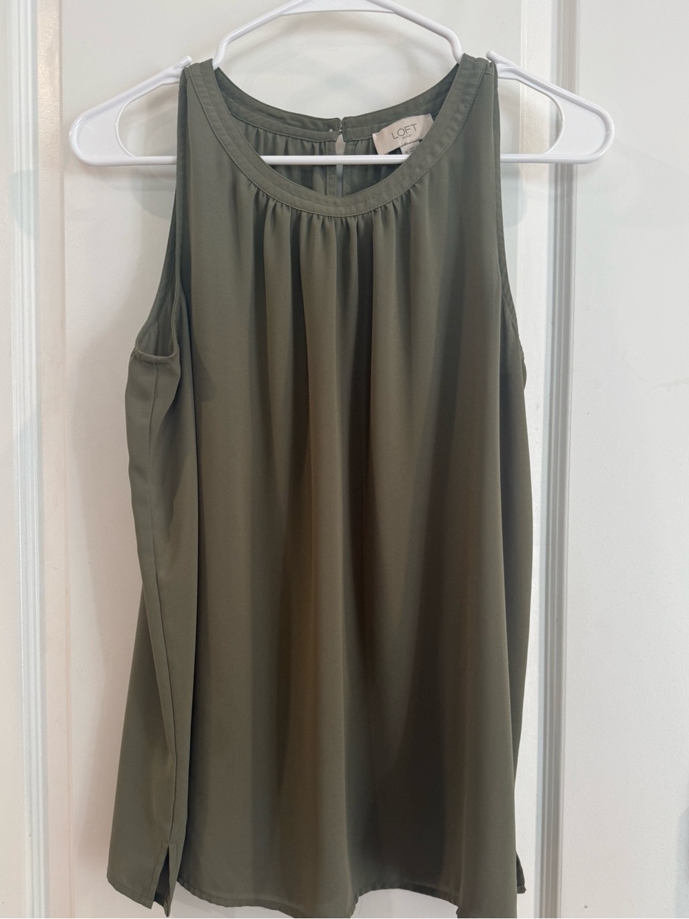 LOFT Olive Sleeveless Gathered Neck Blouse